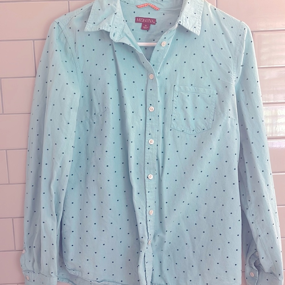 Merona teal/mint polka dot button down. Long sleeve. Size M.